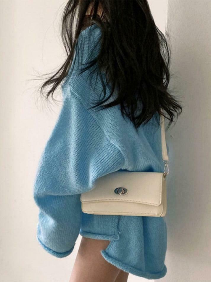 Coquette Aesthetic V-Neck Sweater: Y2K Fashion Loose Fit with Rolled Hem Detail Coquette Aesthetic V-Neck Sweater: Y2K Fashion Loose Fit with Rolled Hem Detail