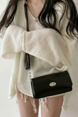 Coquette Aesthetic V-Neck Sweater: Y2K Fashion Loose Fit with Rolled Hem Detail