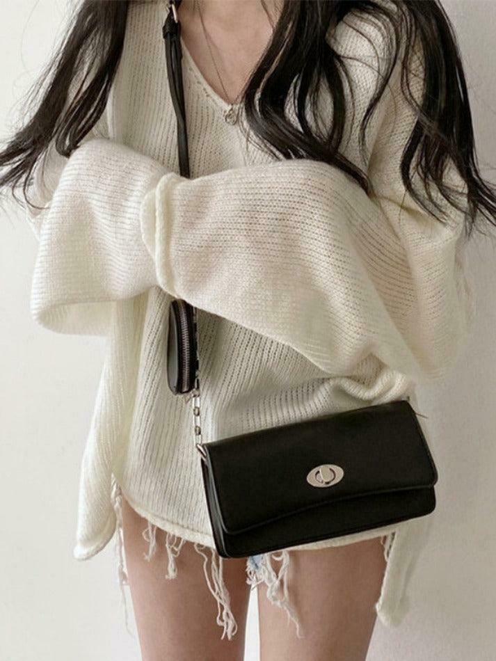 Coquette Aesthetic V-Neck Sweater: Y2K Fashion Loose Fit with Rolled Hem Detail Coquette Aesthetic V-Neck Sweater: Y2K Fashion Loose Fit with Rolled Hem Detail