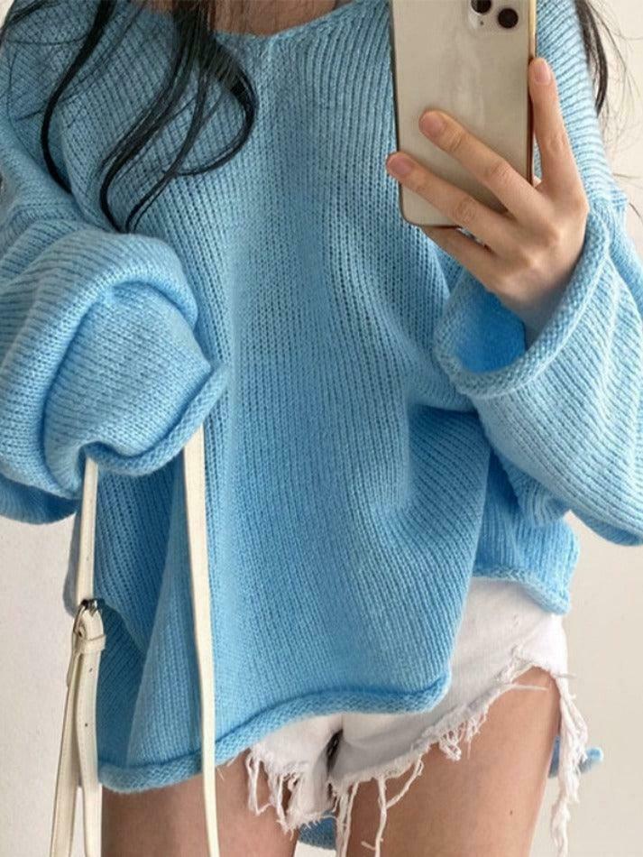 Coquette Aesthetic V-Neck Sweater: Y2K Fashion Loose Fit with Rolled Hem Detail Coquette Aesthetic V-Neck Sweater: Y2K Fashion Loose Fit with Rolled Hem Detail