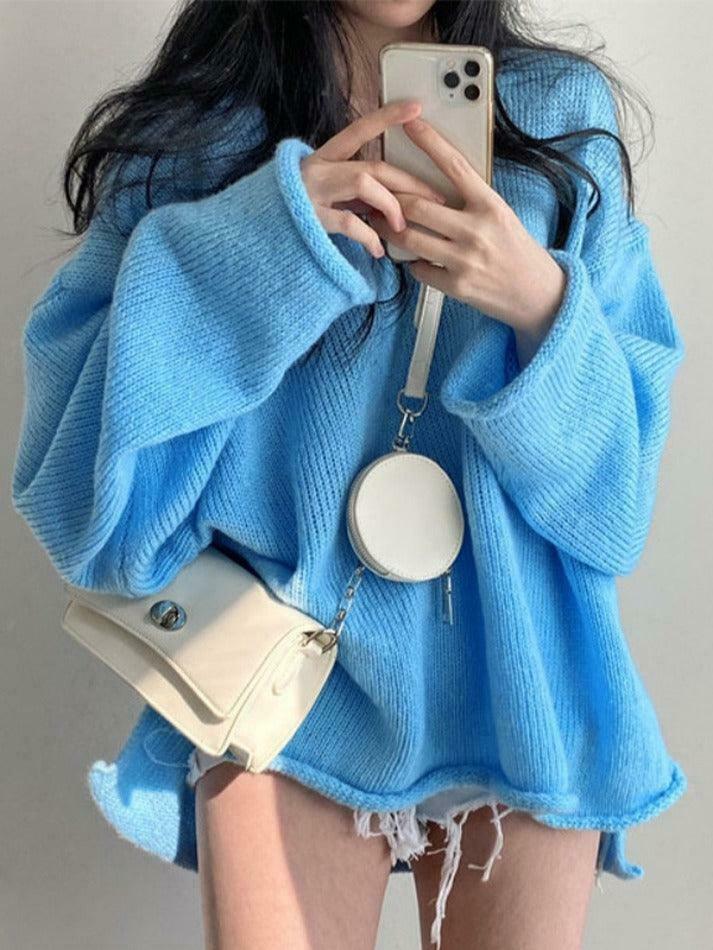 Coquette Aesthetic V-Neck Sweater: Y2K Fashion Loose Fit with Rolled Hem Detail Coquette Aesthetic V-Neck Sweater: Y2K Fashion Loose Fit with Rolled Hem Detail