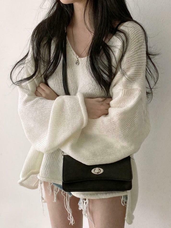 Coquette Aesthetic V-Neck Sweater: Y2K Fashion Loose Fit with Rolled Hem Detail Coquette Aesthetic V-Neck Sweater: Y2K Fashion Loose Fit with Rolled Hem Detail