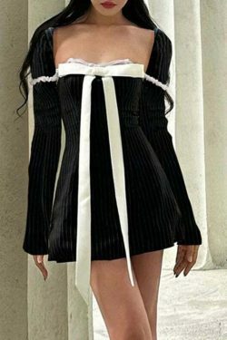 Coquette Aesthetic Vanilla Vista Striped Bow Dress - Y2K Fashion Women's Clothing