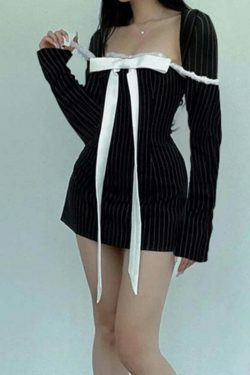 Coquette Aesthetic Vanilla Vista Striped Bow Dress - Y2K Fashion Women's Clothing