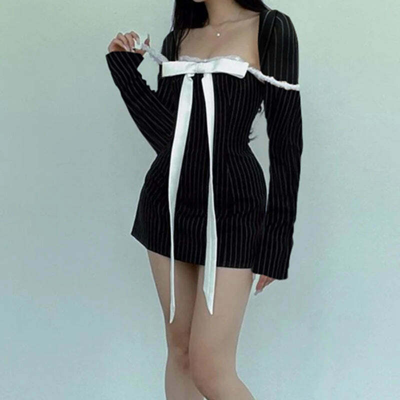 Coquette Aesthetic Vanilla Vista Striped Bow Dress - Y2K Fashion Women's Clothing Coquette Aesthetic Vanilla Vista Striped Bow Dress - Y2K Fashion Women's Clothing