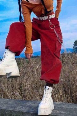 Coquette Aesthetic Vine Red Cargo Pants - Y2K Fashion Women's Grunge Style Outfit