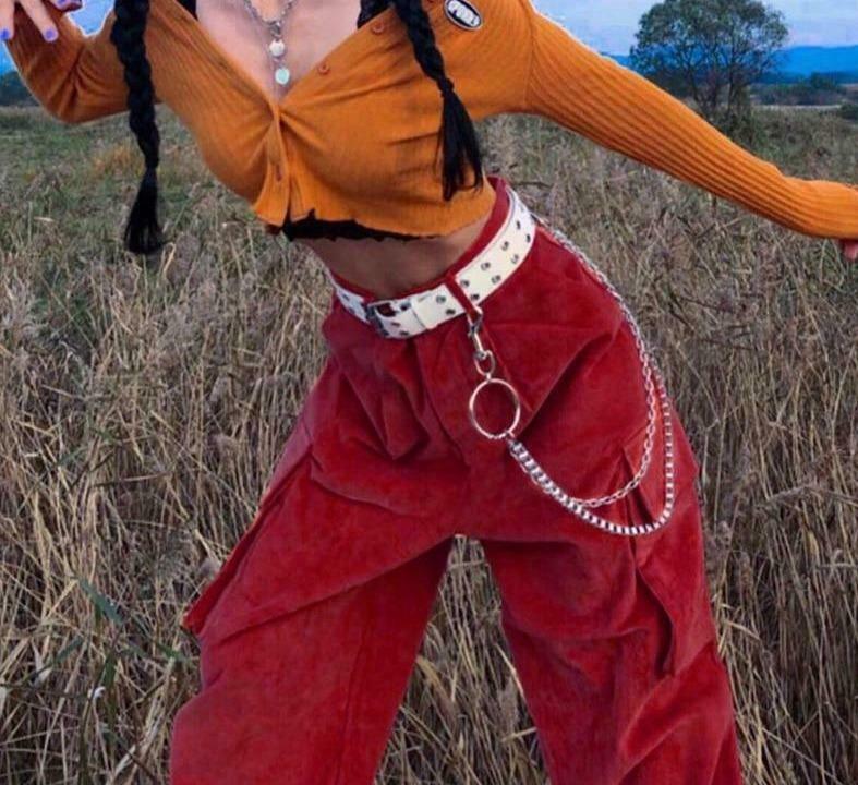 Coquette Aesthetic Vine Red Cargo Pants - Y2K Fashion Women's Grunge Style Outfit Coquette Aesthetic Vine Red Cargo Pants - Y2K Fashion Women's Grunge Style Outfit