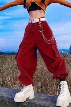 Coquette Aesthetic Vine Red Cargo Pants - Y2K Fashion Women's Grunge Style Outfit