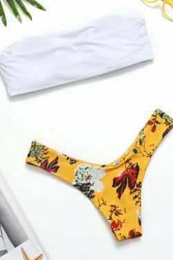 Coquette Aesthetic White Cami Bra & Printed Thong Bikini - Y2K Fashion Swimwear