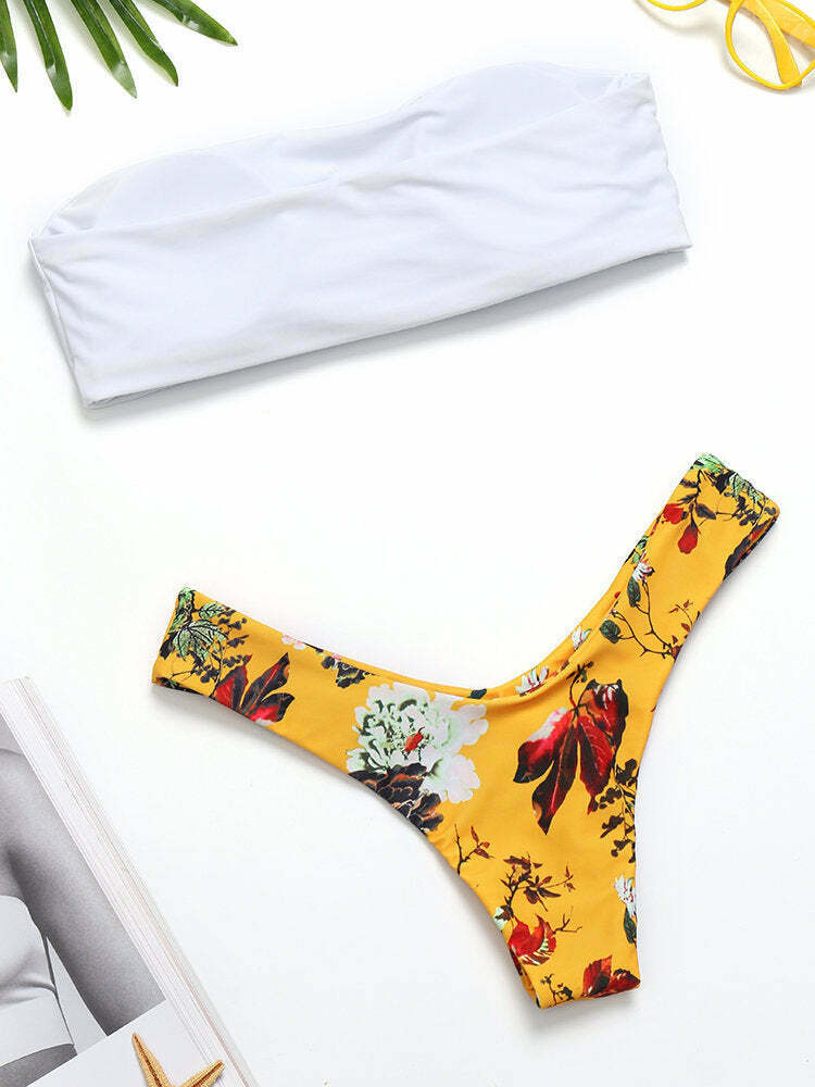 Coquette Aesthetic White Cami Bra & Printed Thong Bikini - Y2K Fashion Swimwear Coquette Aesthetic White Cami Bra & Printed Thong Bikini - Y2K Fashion Swimwear