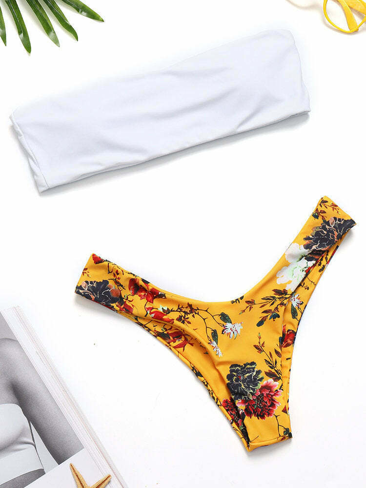 Coquette Aesthetic White Cami Bra & Printed Thong Bikini - Y2K Fashion Swimwear Coquette Aesthetic White Cami Bra & Printed Thong Bikini - Y2K Fashion Swimwear