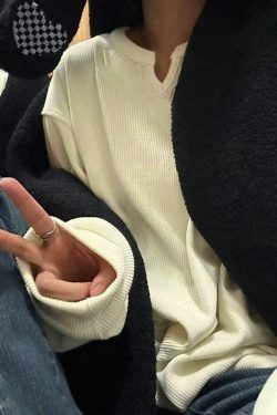 Coquette Aesthetic White Ribbed V-Neck Long Sleeve Knit Sweater