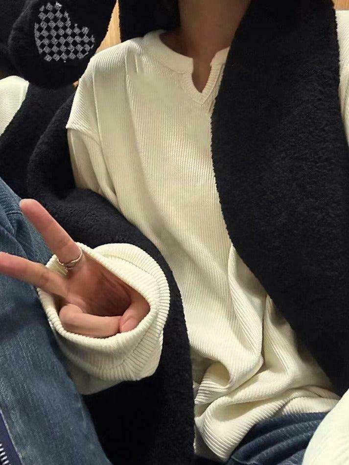 Coquette Aesthetic White Ribbed V-Neck Long Sleeve Knit Sweater Coquette Aesthetic White Ribbed V-Neck Long Sleeve Knit Sweater