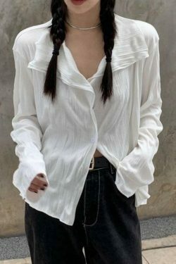 Coquette Aesthetic White Wrinkled Textured Baggy Long Sleeve Blouse - Y2K Fashion for Women