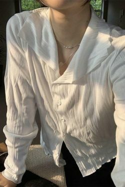 Coquette Aesthetic White Wrinkled Textured Baggy Long Sleeve Blouse - Y2K Fashion for Women