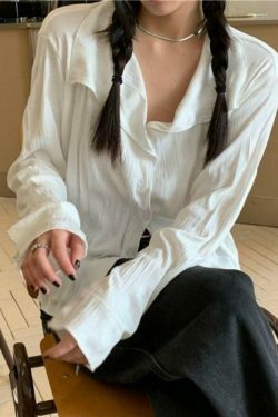 Coquette Aesthetic White Wrinkled Textured Baggy Long Sleeve Blouse - Y2K Fashion for Women