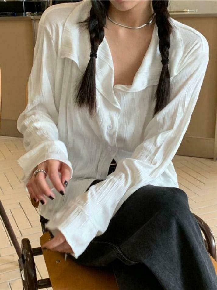 Coquette Aesthetic White Wrinkled Textured Baggy Long Sleeve Blouse - Y2K Fashion for Women Coquette Aesthetic White Wrinkled Textured Baggy Long Sleeve Blouse - Y2K Fashion for Women