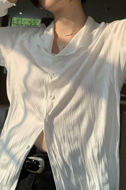 Coquette Aesthetic White Wrinkled Textured Baggy Long Sleeve Blouse - Y2K Fashion for Women