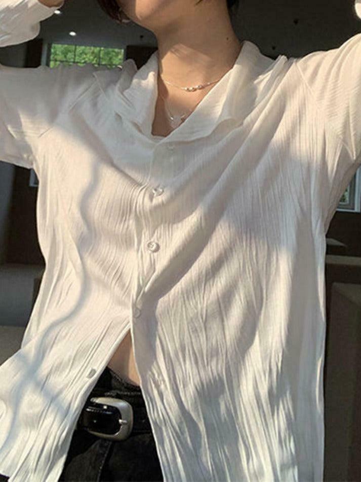 Coquette Aesthetic White Wrinkled Textured Baggy Long Sleeve Blouse - Y2K Fashion for Women Coquette Aesthetic White Wrinkled Textured Baggy Long Sleeve Blouse - Y2K Fashion for Women