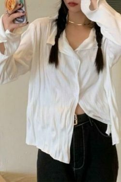 Coquette Aesthetic White Wrinkled Textured Baggy Long Sleeve Blouse - Y2K Fashion for Women