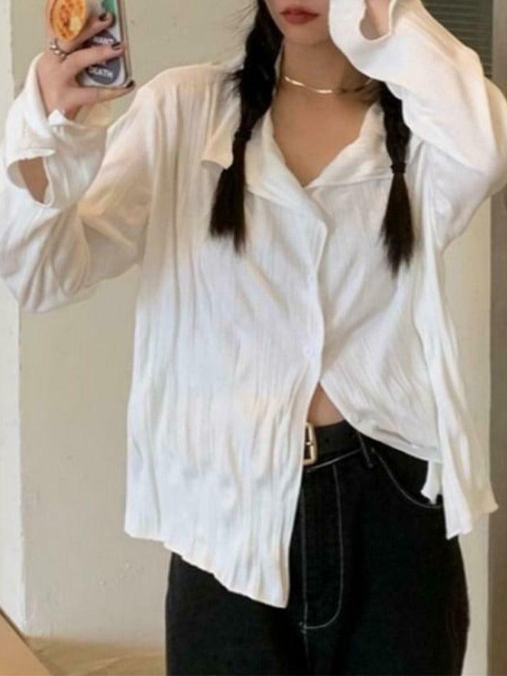 Coquette Aesthetic White Wrinkled Textured Baggy Long Sleeve Blouse - Y2K Fashion for Women Coquette Aesthetic White Wrinkled Textured Baggy Long Sleeve Blouse - Y2K Fashion for Women