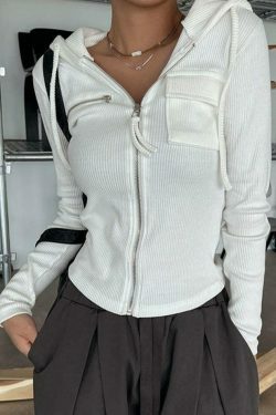 Coquette Aesthetic White Zip-Up Cropped Knit Hoodie