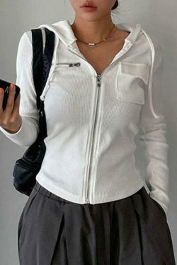 Coquette Aesthetic White Zip-Up Cropped Knit Hoodie