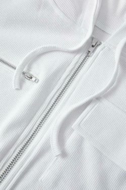 Coquette Aesthetic White Zip-Up Cropped Knit Hoodie