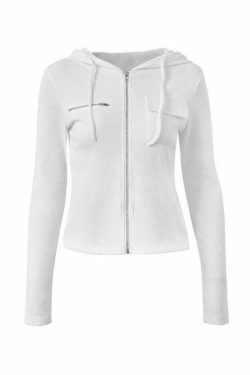 Coquette Aesthetic White Zip-Up Cropped Knit Hoodie