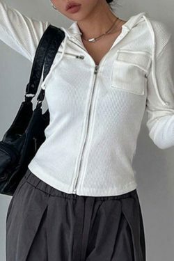 Coquette Aesthetic White Zip-Up Cropped Knit Hoodie