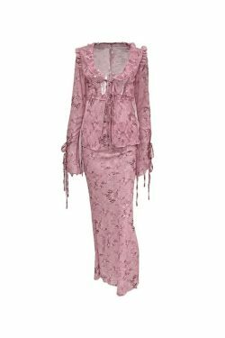 Coquette Aesthetic Wood Ear Print Skirt Suit - Y2K Fashion Outfit