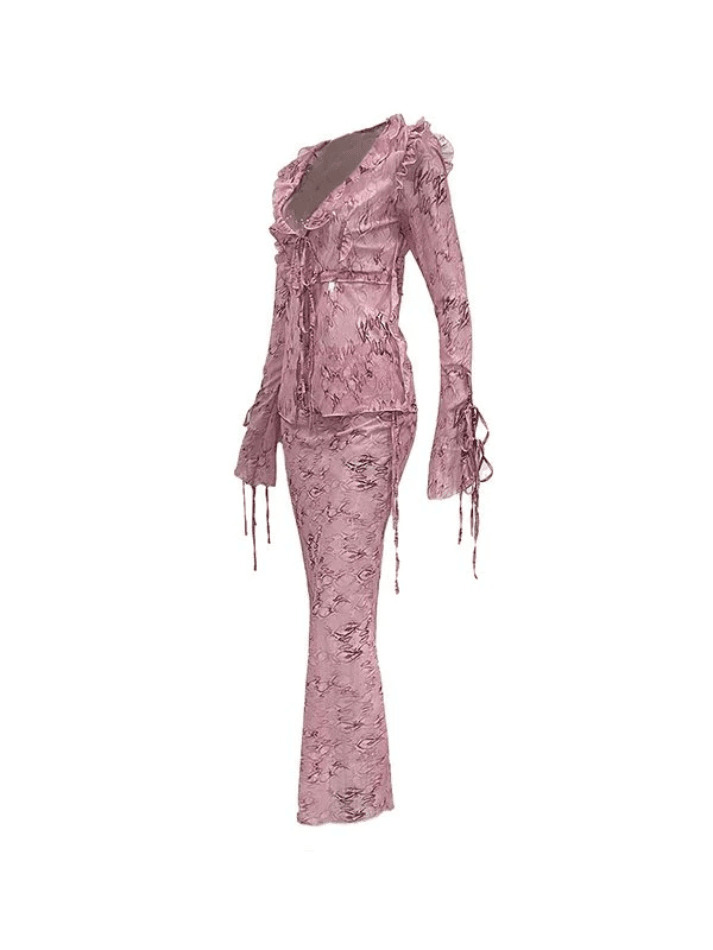 Coquette Aesthetic Wood Ear Print Skirt Suit - Y2K Fashion Outfit Coquette Aesthetic Wood Ear Print Skirt Suit - Y2K Fashion Outfit