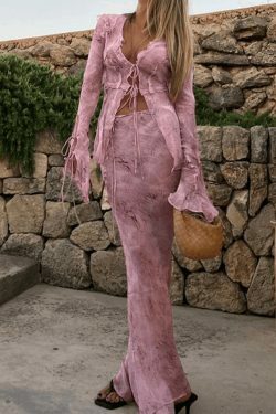 Coquette Aesthetic Wood Ear Print Skirt Suit - Y2K Fashion Outfit