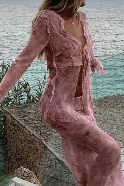 Coquette Aesthetic Wood Ear Print Skirt Suit - Y2K Fashion Outfit