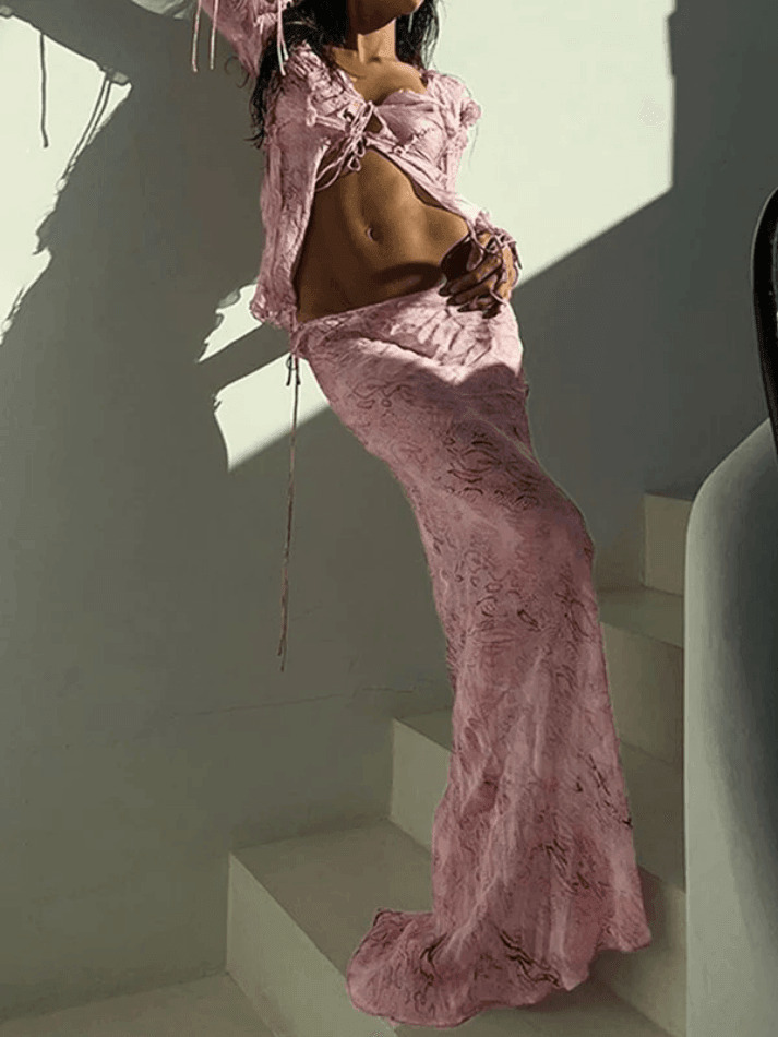 Coquette Aesthetic Wood Ear Print Skirt Suit - Y2K Fashion Outfit Coquette Aesthetic Wood Ear Print Skirt Suit - Y2K Fashion Outfit