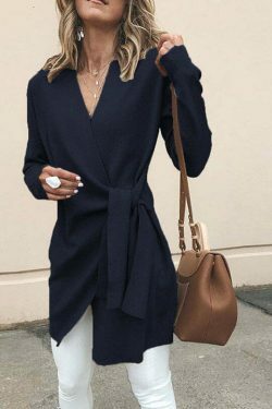 Coquette Aesthetic Woolen V-Neck Belted Cardigan Coat