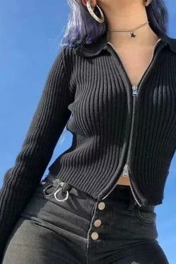 Coquette Aesthetic Y2K Zip-Up Top for Women - Grunge Style Cargo Skirt Outfit