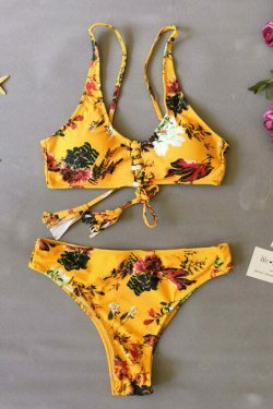 Coquette Aesthetic Yellow Flower Print String Bikini Set