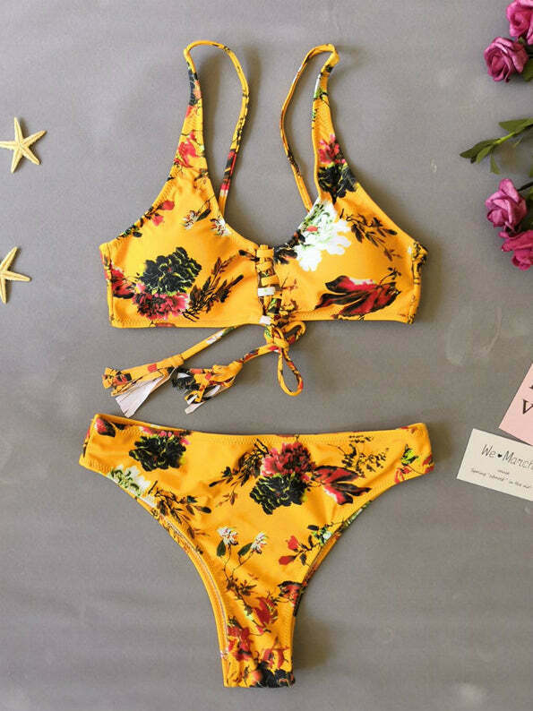 Coquette Aesthetic Yellow Flower Print String Bikini Set Coquette Aesthetic Yellow Flower Print String Bikini Set