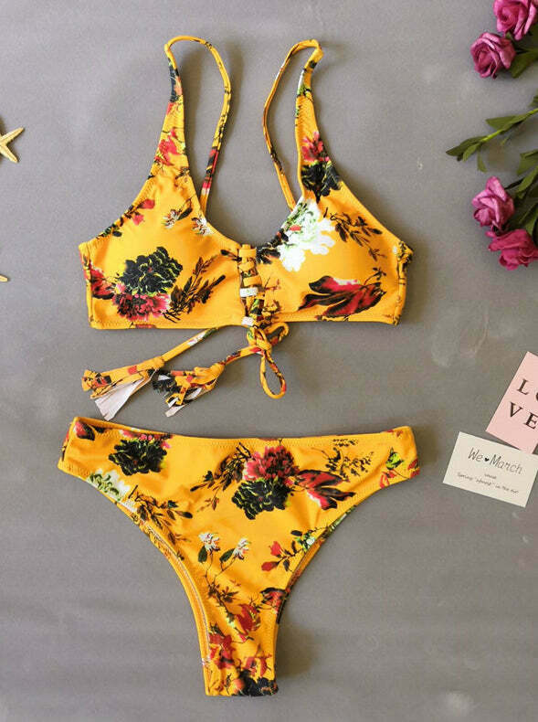 Coquette Aesthetic Yellow Flower Print String Bikini Set Coquette Aesthetic Yellow Flower Print String Bikini Set