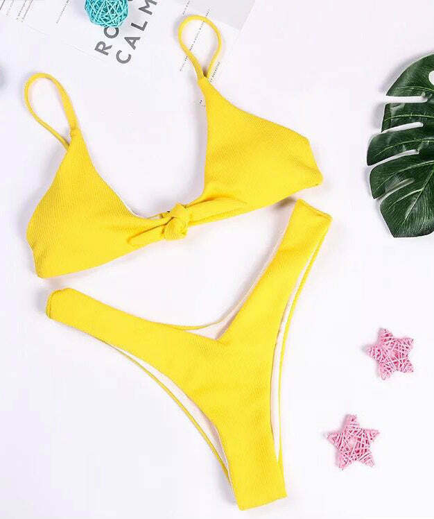 Coquette Aesthetic Yellow Ribbed Bikini Set with High Cut and Knot Detail Coquette Aesthetic Yellow Ribbed Bikini Set with High Cut and Knot Detail