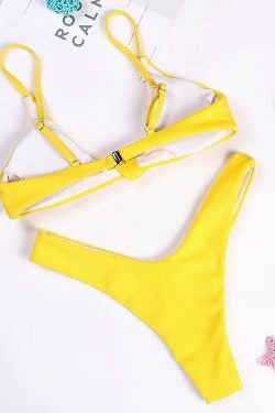 Coquette Aesthetic Yellow Ribbed Bikini Set with High Cut and Knot Detail