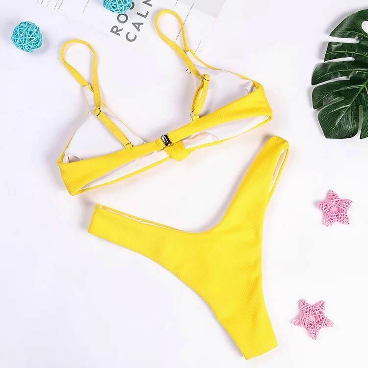 Coquette Aesthetic Yellow Ribbed Bikini Set with High Cut and Knot Detail Coquette Aesthetic Yellow Ribbed Bikini Set with High Cut and Knot Detail