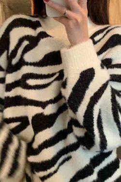 Coquette Aesthetic Zebra Jacquard Mock Neck Knit Sweater