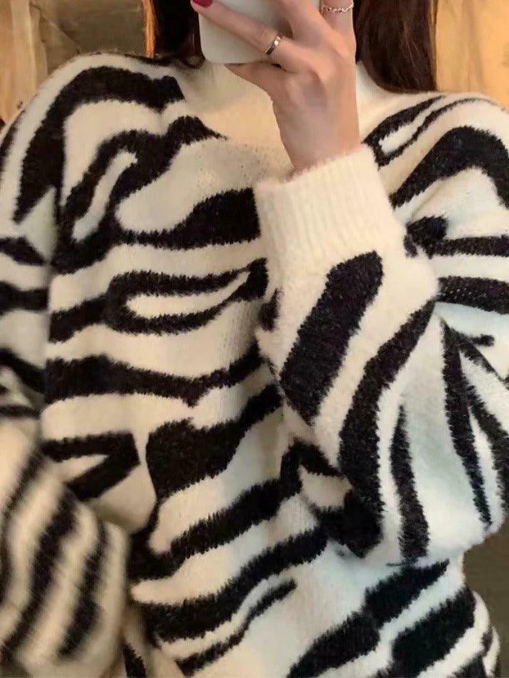 Coquette Aesthetic Zebra Jacquard Mock Neck Knit Sweater Coquette Aesthetic Zebra Jacquard Mock Neck Knit Sweater