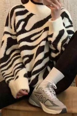 Coquette Aesthetic Zebra Jacquard Mock Neck Knit Sweater