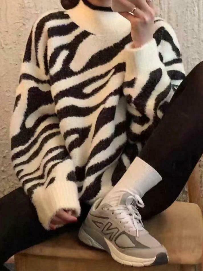 Coquette Aesthetic Zebra Jacquard Mock Neck Knit Sweater Coquette Aesthetic Zebra Jacquard Mock Neck Knit Sweater