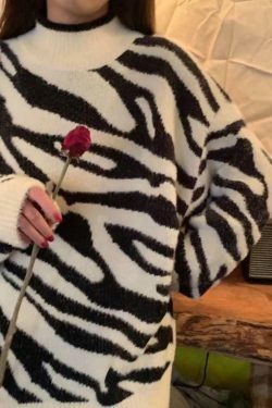 Coquette Aesthetic Zebra Jacquard Mock Neck Knit Sweater