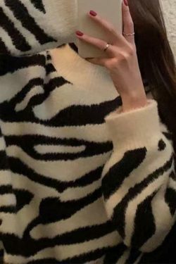 Coquette Aesthetic Zebra Jacquard Mock Neck Knit Sweater