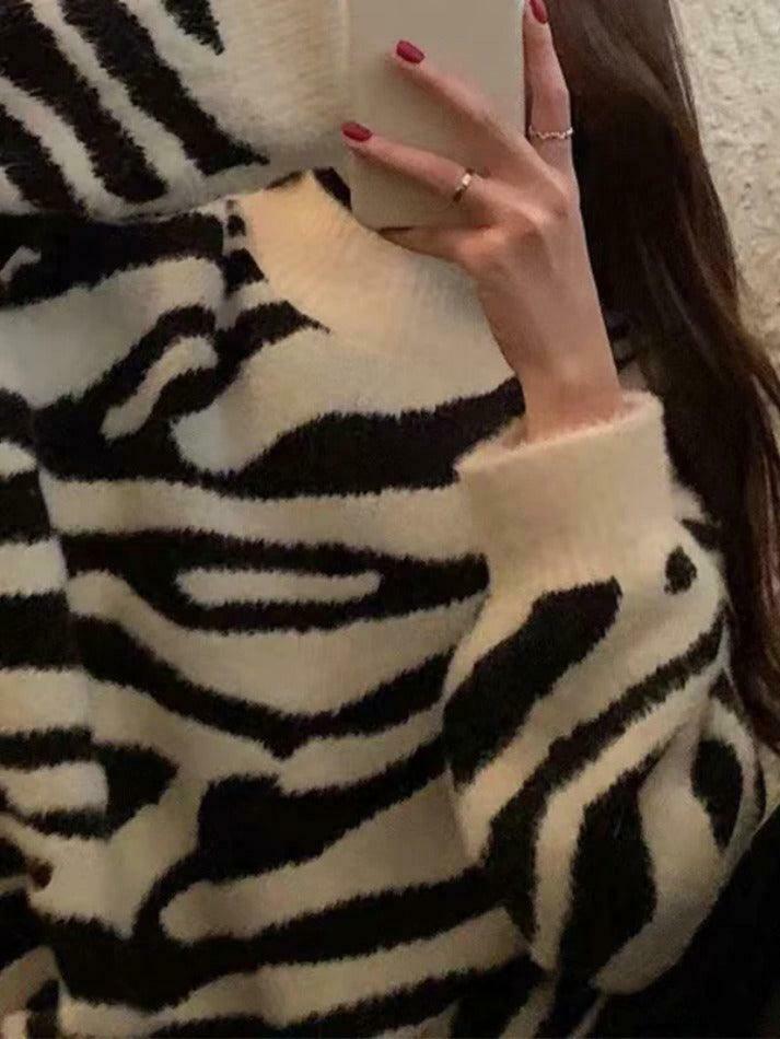 Coquette Aesthetic Zebra Jacquard Mock Neck Knit Sweater Coquette Aesthetic Zebra Jacquard Mock Neck Knit Sweater